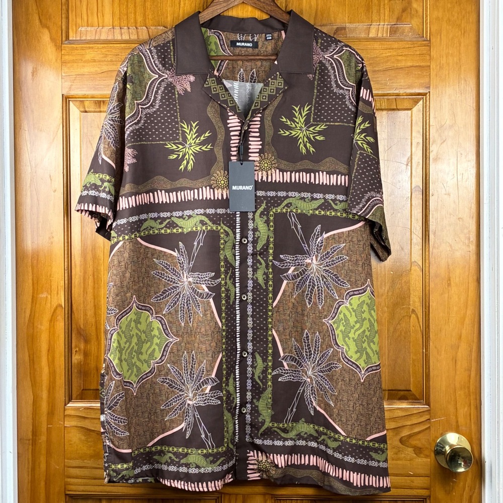 Murano Mens 2XB NWT Brown Tropical Alligator Palm Tree Lyocell Linen Camp Shirt